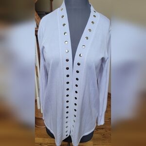 Carmen Marc Valvo Rayon White Gold Studs Soft Open Collar Long Sweater L